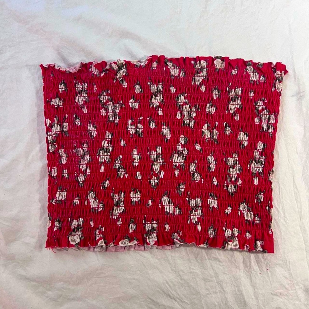 Red floral smocked bandeau top